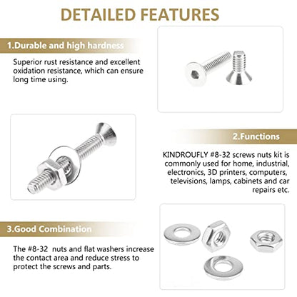 212 Pieces #8-32 x 1/4", 5/16", 3/8", 1/2", 5/8", 3/4", 1", 1-1/4", Countersunk Head Socket Cap Screws Nuts Washers Assortment Kit, 304 Stainless Steel, Fully Machine Thread - size: #8-32, style: Countersunk Head
