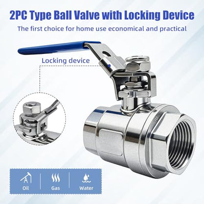 2 Pack 1-1/4'' Ball Valves 304 Stainless Steel NPT Female x Female Full Port Heavy Duty Shut Off Ball Valve 1-1/4 inch for Water, Oil, and Gas with Locking Device, 1000 WOG, Vinyl Handle - size: 1-1/4''