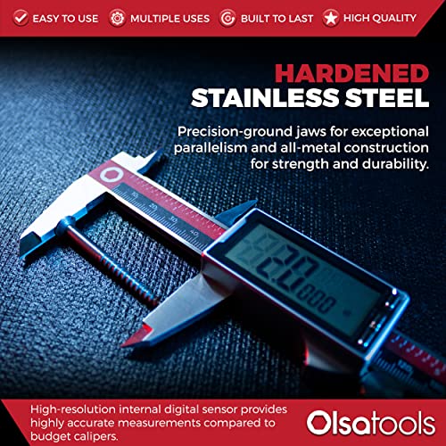 Olsa Tools Digital Caliper Measuring Tool - Inches, Fractional Inches, & Millimeters - 0-6 Inches - Stainless Steel Digital Calipers Measuring Tool - Large Easy-to-Read Display - Part: 1867