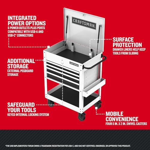 CRAFTSMAN Rolling Tool Chest with Drawers, Tool Box with Wheels and 4 Drawers, Power Outlets and USB, Protective Liner, Steel Utility Cart Storage Cabinet, Supports up to 700 lbs, White (CMST98276WW) - color: White