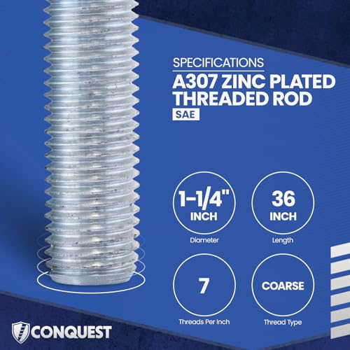Conquest A307 Zinc Plated Threaded Rod 1-1/4"-7 x 36, - size: 1-1/4"-7 x 3'