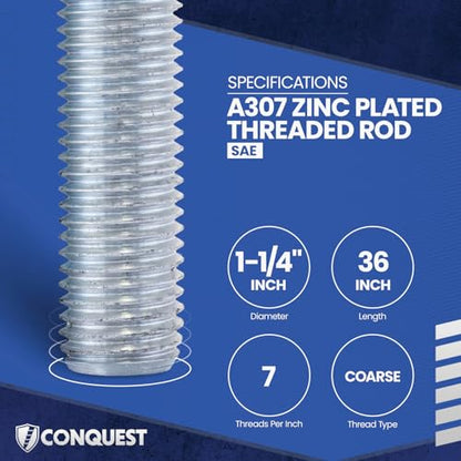 Conquest A307 Zinc Plated Threaded Rod 1-1/4"-7 x 36, - size: 1-1/4"-7 x 3'