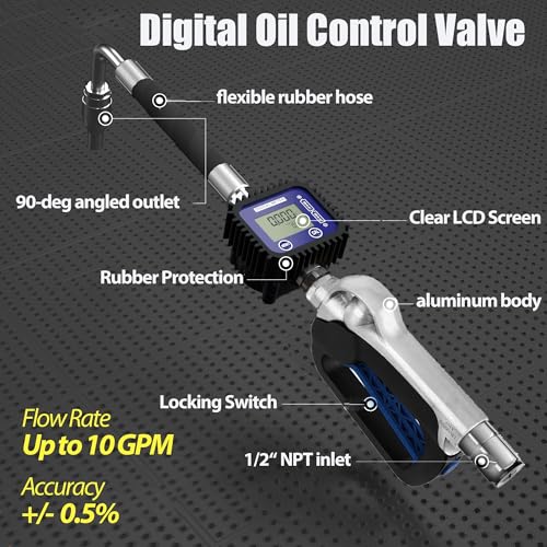 Air Operated Oil Control Valve, Digital Flow Meter Oil Metering Gun, 10 GPM 1500 PSI Heavy Duty Engine Motor Oil Dispenser Nozzle, 1/2 inch NPT Inlet