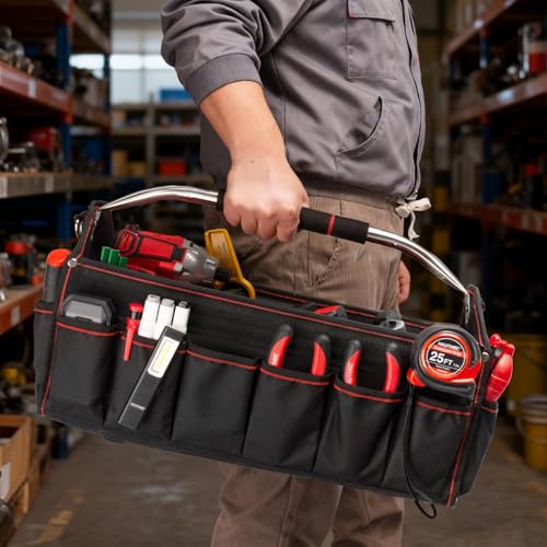 HAUTMEC 18" Foldable Tool Tote, Open Top Tool Bag with Removable Divider & Stiff Frame, 23-Pockets Electrician Tool Bag with Padded Steel Handle, Shoulder Strap & Water-Resistant Hard Base – HT0020 - size: 18-Inch, style: Foldable