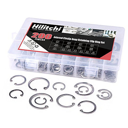 Hilitchi 200-Pcs [15-Size] Internal Circlip Snap Retaining Clip Ring Assortment Set - 304 Stainless Steel