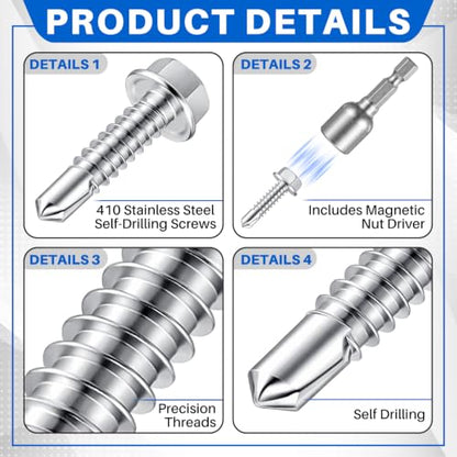 Zonon 100 Pcs #14 x 1 Self Tapping Screws, 410 Stainless Hex Washer Head - color: Silver, size: #14 x 1
