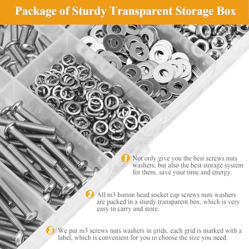 555 Pieces M3 Screws Nuts Washers Set, Sutemribor M3 x 6/8/10/12/16/20/25mm Button Head Socket Cap Screws Nuts Washers Assortment Kit, 304 Stainless Steel, Fully Threaded - size: M3 Screws Kit, style: Button Head