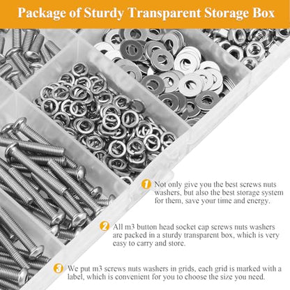 555 Pieces M3 Screws Nuts Washers Set, Sutemribor M3 x 6/8/10/12/16/20/25mm Button Head Socket Cap Screws Nuts Washers Assortment Kit, 304 Stainless Steel, Fully Threaded - size: M3 Screws Kit, style: Button Head