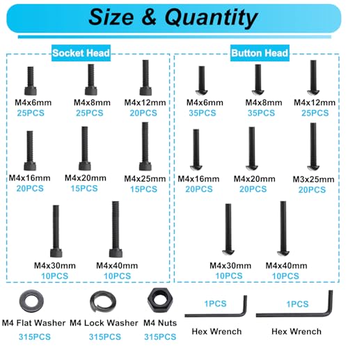 1260Pcs M4 Screw Kit, M4x6/8/12/16/20/25/30/40mm Metric Screws Bolts and Nuts Kit, 10.9 & 12.9 Grade Alloy Steel Button Head and Socket Head Screws, Metric Bolts for 3D Printing - color: BK-M4 x 6-40mm