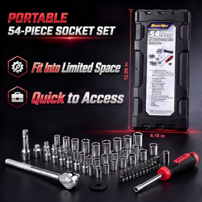 DuraMax Socket Set, 54-Piece Mechanic Tool Set with 1/4 & 3/8 Inch Drive SAE & Metric Sockets, Ratchet Wrench, Torx & Hex Bit Set, Extension Bar, Adapter and Storage Case