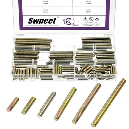 Swpeet 120Pcs 6 Sizes M5 x 16/20/ 30/40/ 50/ 60mm Galvanized Carbon Steel Fully Threaded Rod Assortment Kit, Threaded Rods Bar Studs for Furniture Machinery Assembly - style: M5