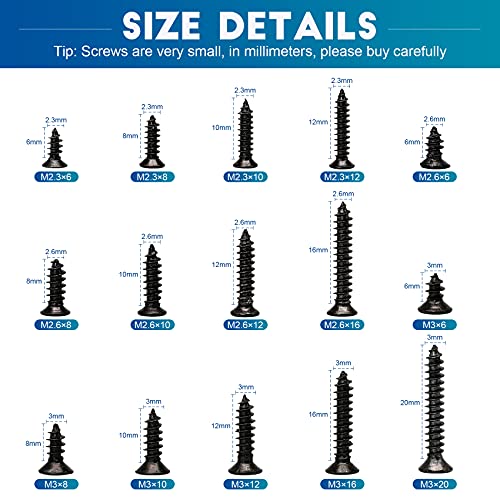 NINDEJIN 450PCS Miniature Phillips Flat Head Tapping Screws, M2.3 M2.6 M3 Countersunk Repair Screws Assortment Set, Black Self-Tapping Electronic Screw for Computer PC Pan Motherboard Glasses Watches - color: Black 450