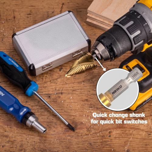 NEIKO 10637A Step Drill Bit, 3 Steps 7/8" to 1-7/32" Spiral High Speed Steel, Titanium Nitride Coated, 1/4” Quick Change Step Bits for Steel, Metal, Wood, Plastic, Unibit Cone Drill Bits, Two Flute - size: #11 (7/8 - 1-7/32", 3S), style: Spiral