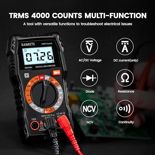 KAIWEETS Digital Multimeter 4000 Counts, Voltage Tester with Accurate Ohm Volt Amp Readings, DC/AC Voltmeter Clearly Measures Resistance Continuity Diode Capacitance NCV for Household and Automotive - size: KM100S