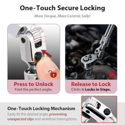 FIRSTINFO 1/4 Drive Locking Flex-Head Ratchet Wrench Extendable, 72-Tooth - size: 1/4-Inch Drive