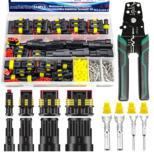 316PCS 23 Sets Waterproof Automotive Electrical Connectors Waterproof Wire Connectors Automotive Replacement Ignition Plug Connectors 1/2/3/4 Pin with Crimper Pliers - color: Black, size: 316pcs