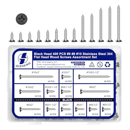 QISHENG 400 PCS Black Head #6#8#10 Stainless Steel Phillips Flat Head Wood Screws Assortment Set,Stainless Steel 18-8 A2(304) Screw,Home Screw Kit - color: Set Black, size: #6#8#10 Set