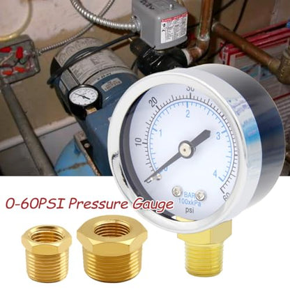 Uenede 0-60PSI Pressure Gauge 1/4" NPT Brass Bottom Mount with Bushing - size: 60PSI(1/4"NPT)