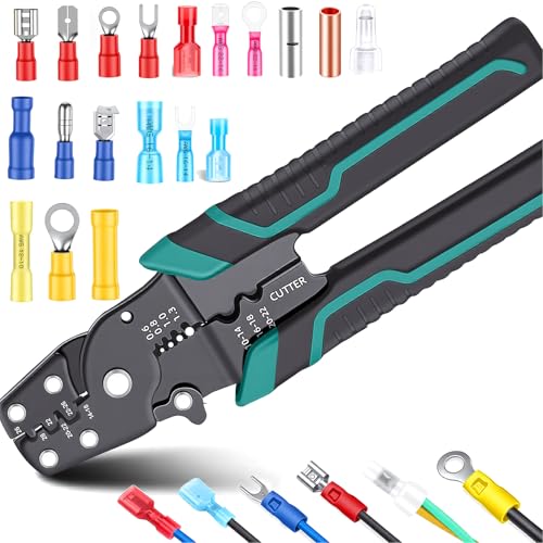 smseace Wire Crimping tool Wire crimper,stripper and cutter for insulated/Bare/Heat Shrink connectors(22-10 AWG) Multifunctional stripping crimping pliers (No connector included) - color: Green