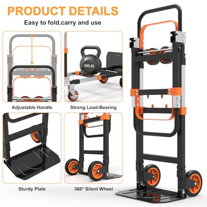 3-in-1 Folding Heavy Duty Hand Truck Dolly Cart Trolley with Wheels(Orange) - color: Orange