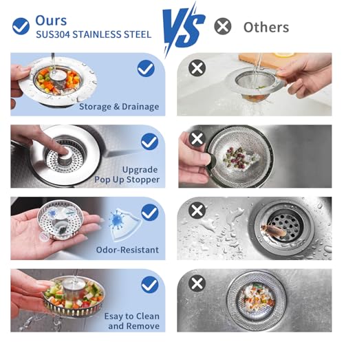 3-in-1 Kitchen Sink Drain Strainer & Sink Stopper 2 Pack - 304 Stainless Steel Sink Drain Strainer, Pop-Up Anti-Clog Design, Fits Standard 3-1/2'' Sink Drains - color: Sus304 Brushed 2pack