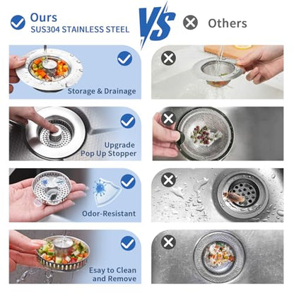 3-in-1 Kitchen Sink Drain Strainer & Sink Stopper 2 Pack - 304 Stainless Steel Sink Drain Strainer, Pop-Up Anti-Clog Design, Fits Standard 3-1/2'' Sink Drains - color: Sus304 Brushed 2pack