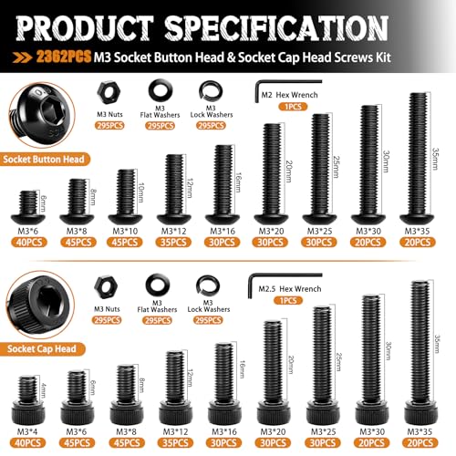 mankk 2362PCS M3 Metric Screws Kit,Hex Socket & Button Head Bolts - size: M3-2362PCS