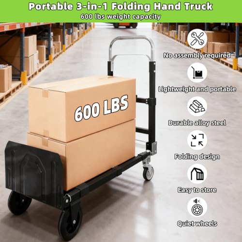 3 in 1 Folding Hand Truck, 600Lbs Capacity, Heavy Duty Collapsible Cart with Retractable Handle and 4 Rubber Wheels, Moving Dolly for Moving Home, Office, Food Service, Shopping Mall, Warehouse - color: Black