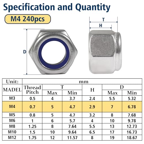 M4-0.7 Lock Nut, 240Pcs Stainless Steel Nylock Insert Locking Nut - size: M4-0.7, 240 Pack