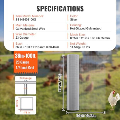 VEVOR Hardware Cloth, 1/4 inch 36in x 100 ft 23 Gauge, Hot Dipped Galvanized Wire Mesh Roll, Chicken Wire Fencing, Wire Mesh for Rabbit Cages, Garden, Small Rodents - size: 36'' x 100'