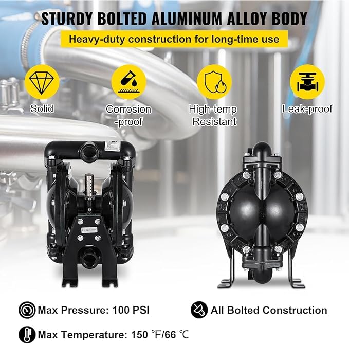 VEVOR Air-Operated Double Diaphragm Pump 1 inch Inlet Outlet Aluminum 22 GPM Max 100PSI, Nitrile Diaphragm, QBY4-25L-1inch-22 - size: 22GPM