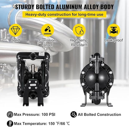 VEVOR Air-Operated Double Diaphragm Pump 1 inch Inlet Outlet Aluminum 22 GPM Max 100PSI, Nitrile Diaphragm, QBY4-25L-1inch-22 - size: 22GPM