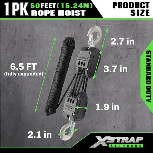 XSTRAP STANDARD Heavy-Duty 50 FT Rope Hoist Pulley System w/Metal Bearing - color: 50ft Black Upgraded