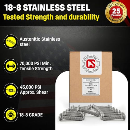 Chenango Supply 1/2-13 x 2-1/2" Stainless Carriage Bolts - size: 1/2-13 x 2-1/2"