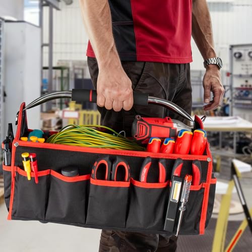 HAUTMEC 16" Foldable Tool Tote Bag, Open Top Tool Bag with Stiff Frame, 16-Pockets Electrician Tool Bag with Padded Steel Handle, Shoulder Strap & Water-Resistant Hard Base – TB0002 - size: 16-Inch, style: Foldable