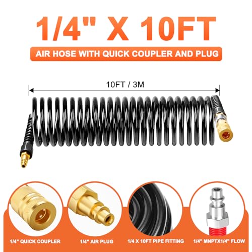 GASHER 1/4" x 10FT Reinforced Polyurethane Recoil Air Hose with Bend Restrictor, Air Hose kit With 360°Swivel Coupler, 1/4" Industrial Quick Coupler and Plug(Black) - color: Black 10FT, size: 1/4（I/M)