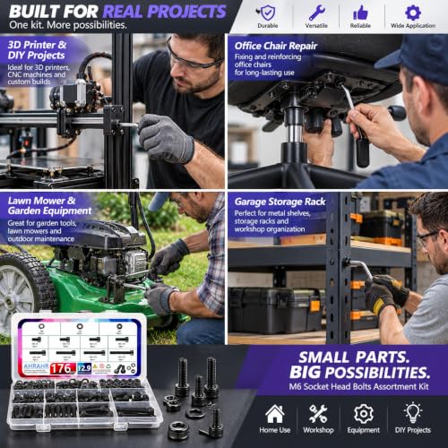 176PCS M6 Hex Socket Head Cap Screws Assortment Kit, 12.9 Grade Alloy Steel Black Zinc Plated M6x8/10/12/16/20/25/30/35mm Bolts Nuts Washers Set, Anti Rust Hardware for 3D Printer DIY Machinery Repair - size: M6 176pcs