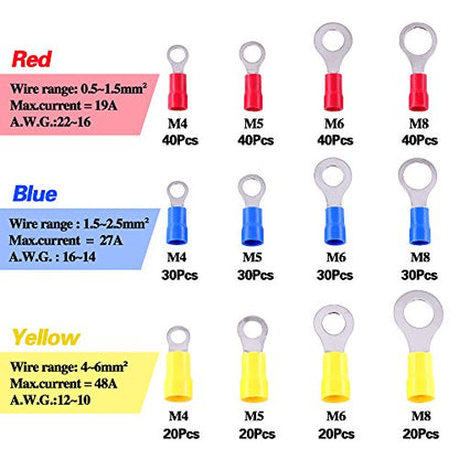 Glarks 360pcs 22-16/16-14/12-10 Gauge Mixed Quick Disconnect Electrical Insulated M4 / 5/6 / 8 Ring Crimp Terminals Connectors Assortment Kit