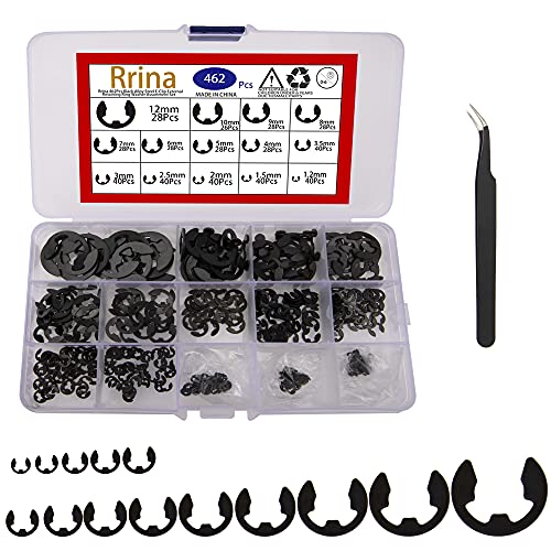 462Pcs Black Alloy Steel E-Clip External Retaining Clamps Ring Washer Circlip Snap Retainer Rings Assortment Kit,14 Sizes(1.2-12mm)