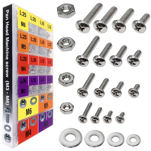 EEEEE 901pcs Phillips Pan Head Metric M3 M4 M5 M6, Machine Screw Assortment Kit Assorted Screws 304 Stainless Steel and Nut Set Flat Washers Nuts Hardware with Snap Lock Case - size: Metric Pan Head Silver Machine Screw