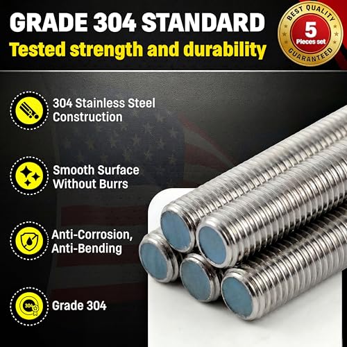 Chenango Supply 304 Stainless Steel Fully Threaded Rod – Type 18-8, UNC Coarse Thread – Industrial Grade All-Thread Stud, 5 Pack (5/16-18 x 3) - size: 5/16-18 x 3ft (5 Pack)