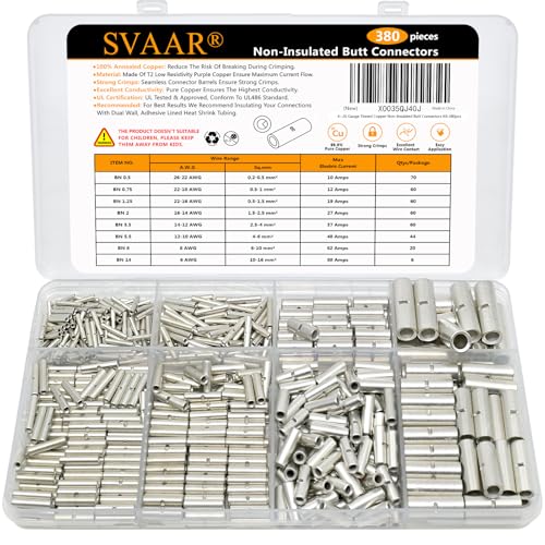 SVAAR 380PCS Non Insulated Butt Connectors Kit Butt Splice Connector Uninsulated Wire Splice Connectors for 26 to 6 Gauge Wire Marine Grade Tinned Copper Seamless Barrel Crimp Butt Splice Terminals - color: Non-Insulated Splice - Tinned Copper