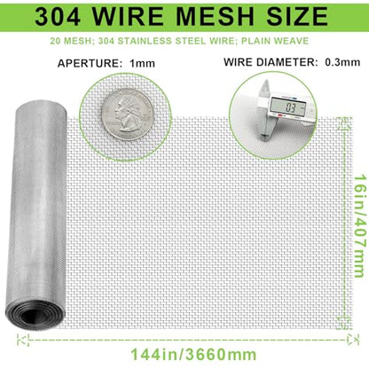 1 Roll 20 Mesh Metal Mesh Screen - Wire Mesh Roll, 16" X144" (16" X12Ft).Sturdy, Thick,and Heavy Duty Rustproof Metal Mesh for Security Fencing, Vent Covers, Animal Enclosures, HVAC, DIY Projects