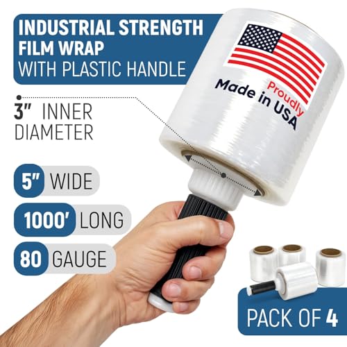 5” x 1000’ Stretch Wrap Mini 4 Rolls with Handle – Clear Plastic Stretch Film 80 Gauge, 500% Elongation, Heavy Duty Shrink Wrap for Moving, Packing & Shipping - style: Pack of 4