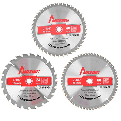 MAZING 3-Piece 7-1/4 Inch 24T&40T&60T Circular Saw Blades, 7.25 Inch TCT Compact Saws Blades with 5/8" Arbor, ATB Design for Precision Woodworking, Fit for Plywood, Soft & Hardwood, Wood with Nails - style: 7-1/4" 24&40&60T-3Pack