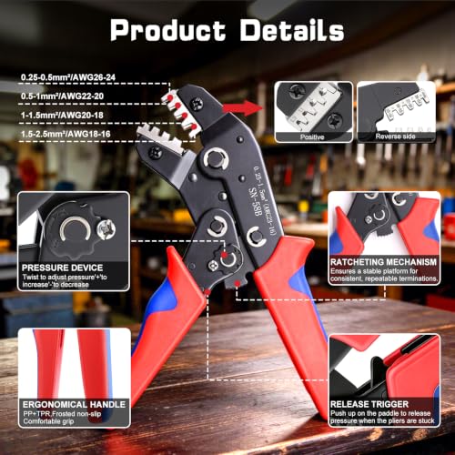 smseace 24-16 AWG Wire Crimping Tool, Ratchet Crimper Tool for Open Barrel Terminal Connectors,Electrical Terminal Crimper - color: Red