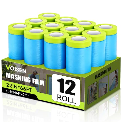 VOISEN 12 Rolls Pre-Taped Masking Film for Painting-22 x 66',Painters Plastic Sheeting with Widened Automotive Masking Tape, Plastic Tarp for Painting, Film for Car, Wall Protection - color: 12 Rolls