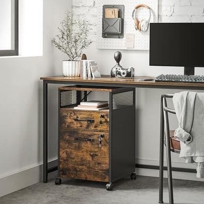 VASAGLE 2 Drawer File Cabinet with Lock, Rolling Printer Stand - color: Rustic Brown + Ink Black, size: with Lock and Fences