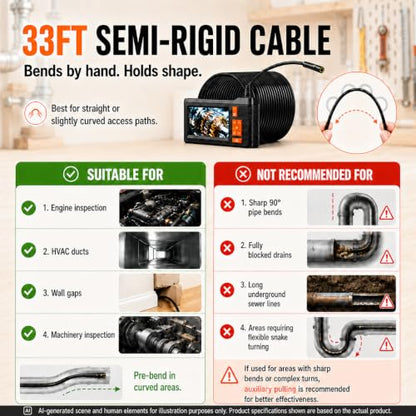 Dual Lens Borescope Camera 33FT with 4.3'' HD Screen, 1080P Photo Video - size: 4.3''Dual Lens 33FT