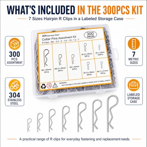 300 Pcs R-Clip Cotter Pin Assortment Kit, 304 Stainless Steel Hairpin Clips - size: 300pcs- Assortment kit